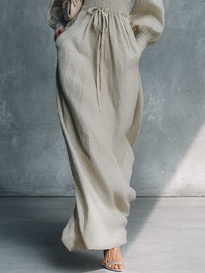 Women's Beige Cotton Linen Striped V-Neck Shirred Waist Maxi Dress