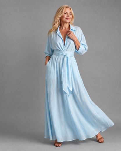 Zelith | Belted Collared Flowing Long Sleeve Midi Dress