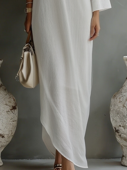 Women's Ivory White Cotton-Linen Blend One-Shoulder Flowing Elegant Dress