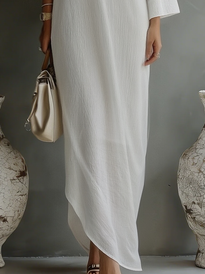 Women's Ivory White Cotton-Linen Blend One-Shoulder Flowing Elegant Dress