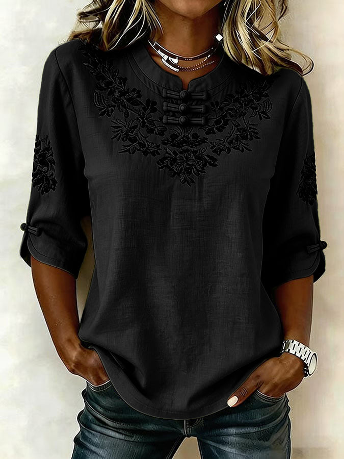 Women's Retro Cotton Linen Flower Green Printing Design Casual T-Shirt