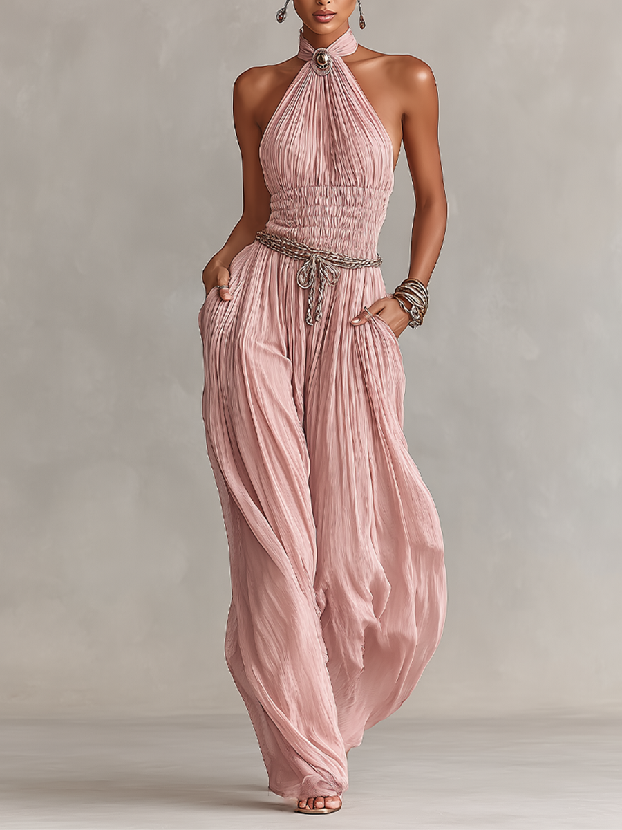Women's Blush Pleated Jumpsuit With Halter Neck & Ruched Waist, Timeless Romantic-Elegant Style Jumpsuit (without Belt)