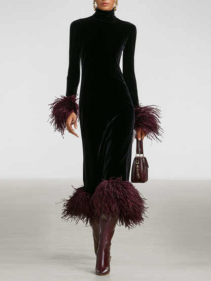 Women's Minimalist Velvet Patchwork Faux Ostrich Feather Cuffs And Hem Maxi Dress