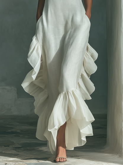 Women's Ivory Linen Fabric Sleeveless Maxi Dress With Round Neck & Ruffle Hem
