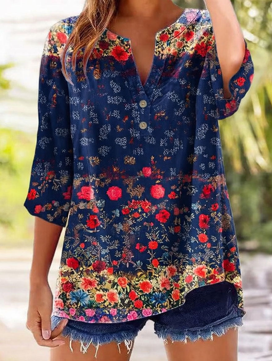 Women'S Retro Floral Print V-Neck Button Up Seven Quarter Sleeve Top