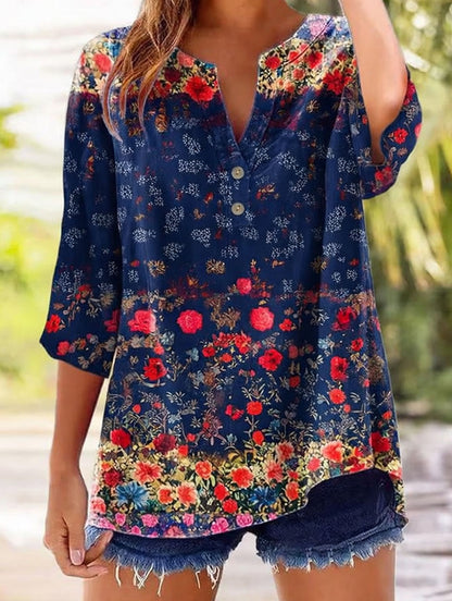 Women'S Retro Floral Print V-Neck Button Up Seven Quarter Sleeve Top