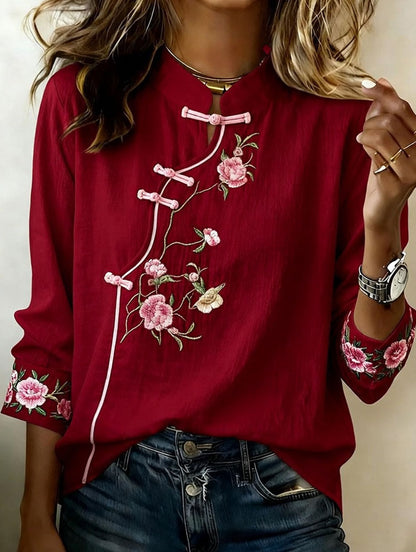Women'S Floral Art Stand Up Collar Buckle Elegant Casual Long Sleeved Shirt