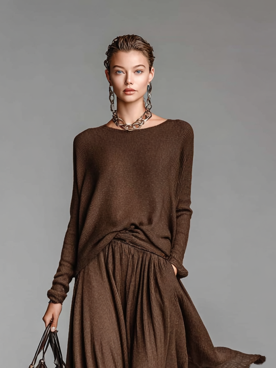 Women's Fashion Round Neck Knitted Sweater Skirt Set