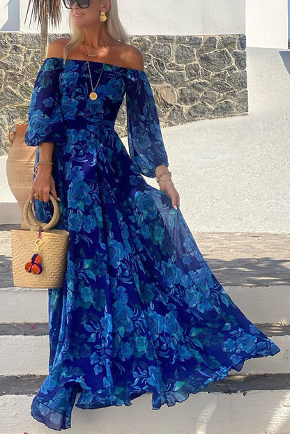 Long dress with floral pattern and off-the-shoulder sleeves
