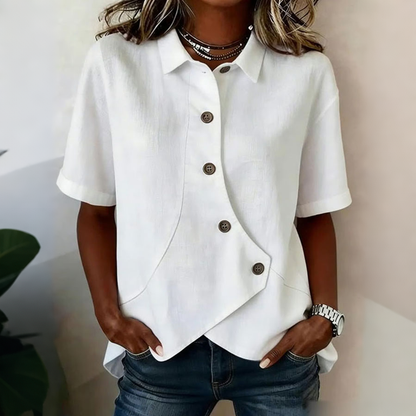 Women'S Cotton And Linen Button Design Casual Lapel Short Sleeved Summer Top
