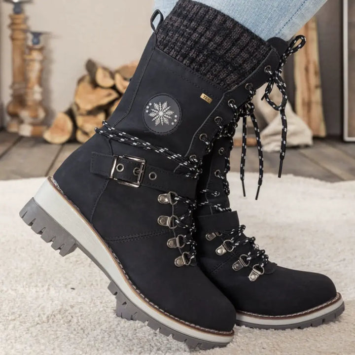 Botas de nieve con cordones para mujer – Puño de punto y hebilla – Suela antideslizante
