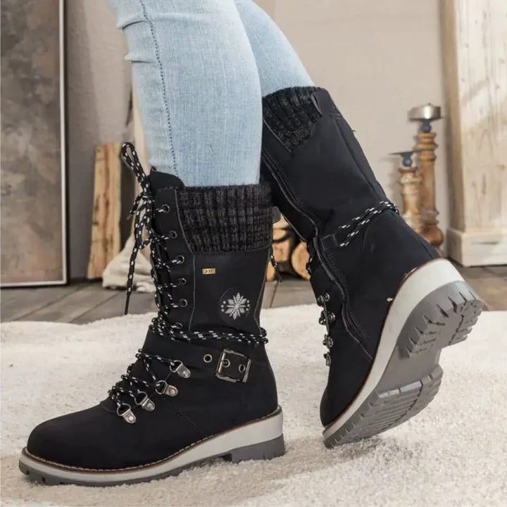 Botas de nieve con cordones para mujer – Puño de punto y hebilla – Suela antideslizante