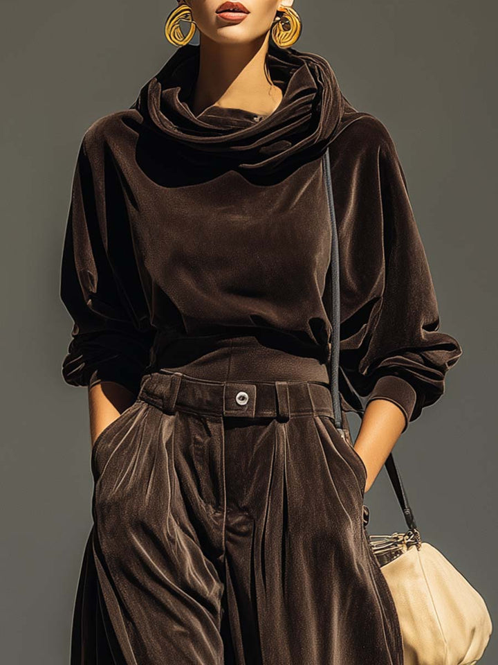 Conjunto de sudadera con capucha y pantalón holgado de terciopelo marrón vintage (incluye cinturón)