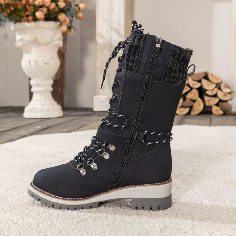 Botas de nieve con cordones para mujer – Puño de punto y hebilla – Suela antideslizante