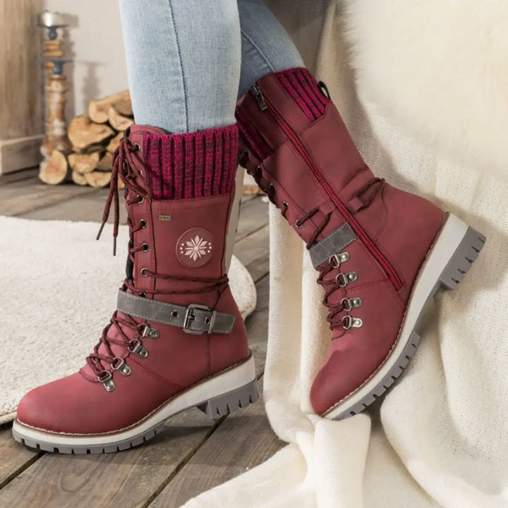 Botas de nieve con cordones para mujer – Puño de punto y hebilla – Suela antideslizante