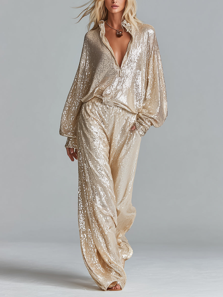 Women's Gold Glamorous Sequin Collared Half - Zip Wide - Leg Loungewear Party Set