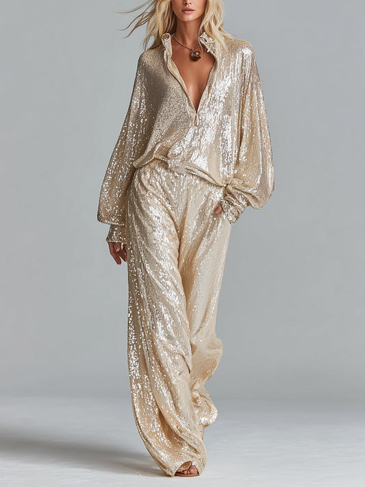 Women's Gold Glamorous Sequin Collared Half - Zip Wide - Leg Loungewear Party Set