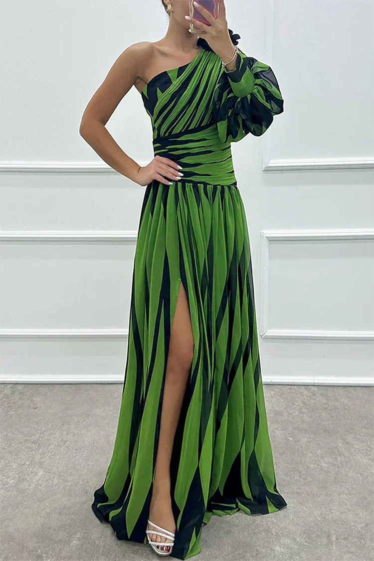 Hazel™ | Vestido Largo de Rayas con Un Hombro Descubierto