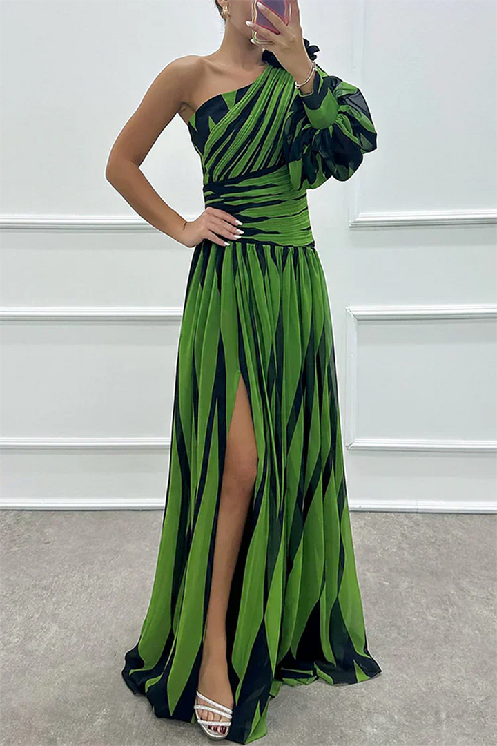 Hazel™ | Vestido Largo de Rayas con Un Hombro Descubierto