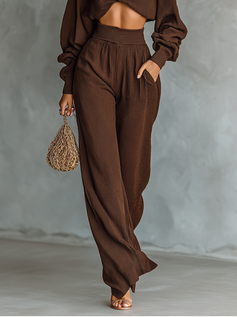 Women's Coffee-colored Short Top And Wide-leg Pants Knitted Set