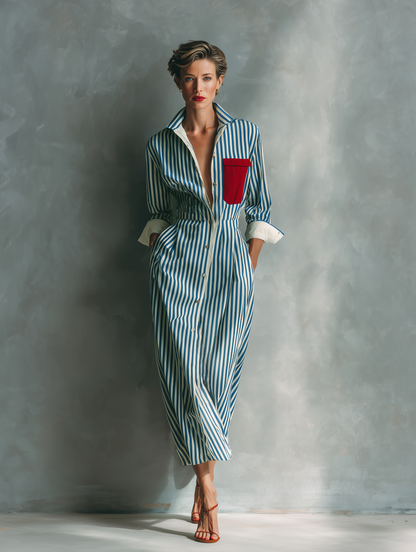 Women's Blue And White Cotton Blend Striped Shirt Dress With Red Chest Pocket