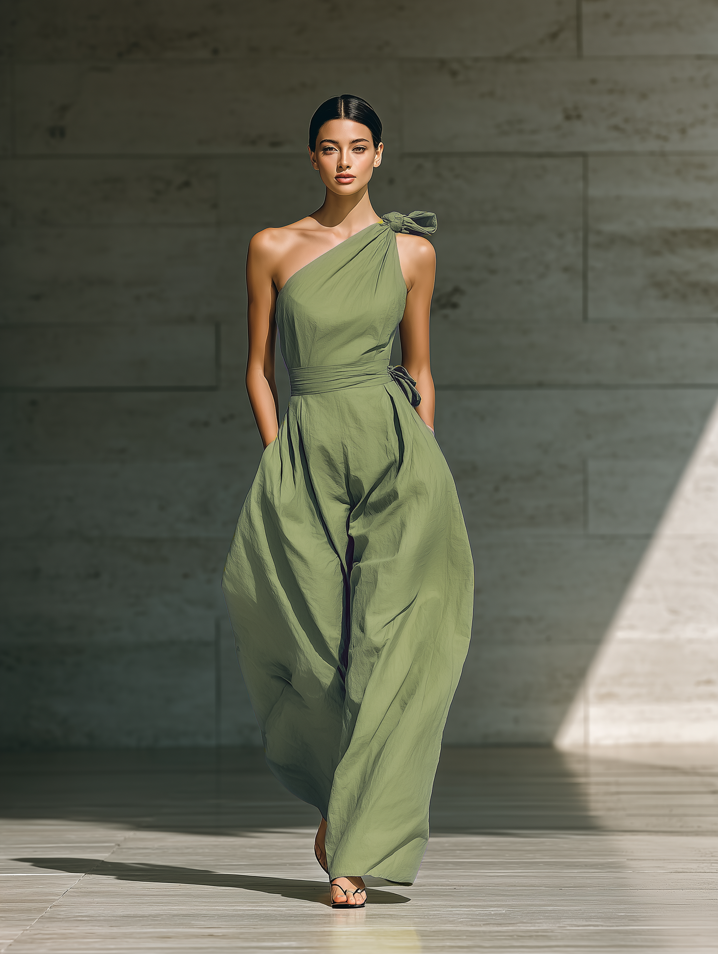 Women's Light Green Cotton And Linen Blend One-Shoulder Wide-Leg Jumpsuit With Tie Waist