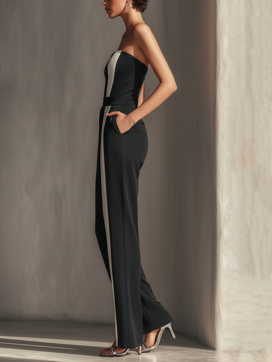 Women's Black Strapless Jumpsuit With Contrast White Vertical Stripe & Side Pockets