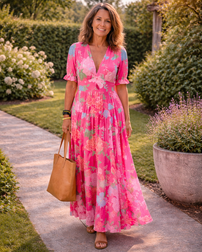 Adelisse - Floral Pleated Maxi Dress