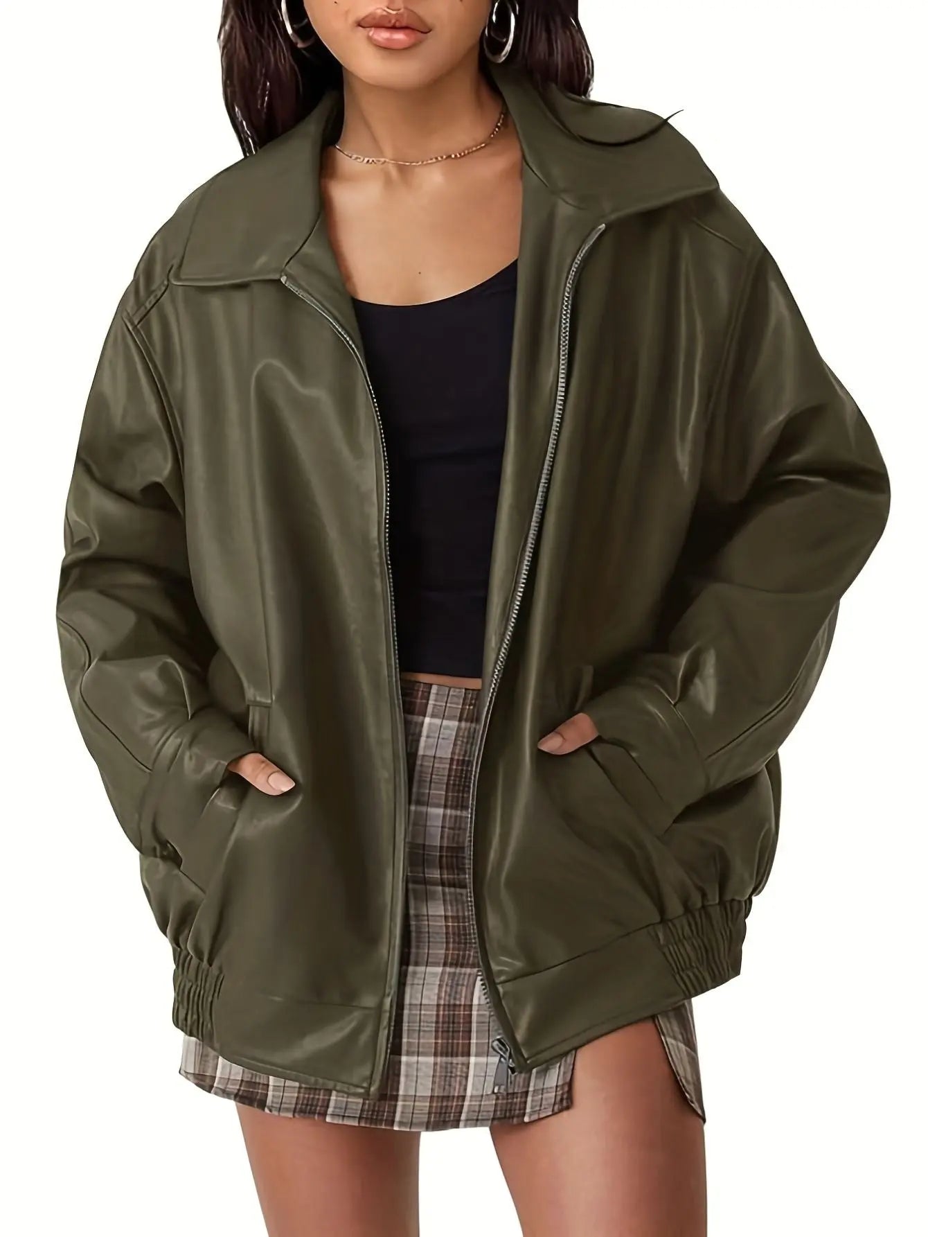 Chaqueta bomber de cuero oversized clásica para mujer
