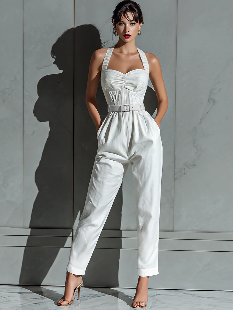 Women's Ivory Cotton And Linen Blend Wide-Leg Jumpsuit With Cinched Waist
