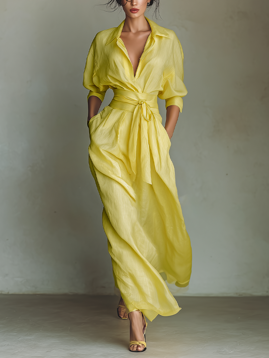 Women's Lemon Yellow Cotton And Linen Blend Maxi Shirt Dress With Tie Waist & Half Sleeves
