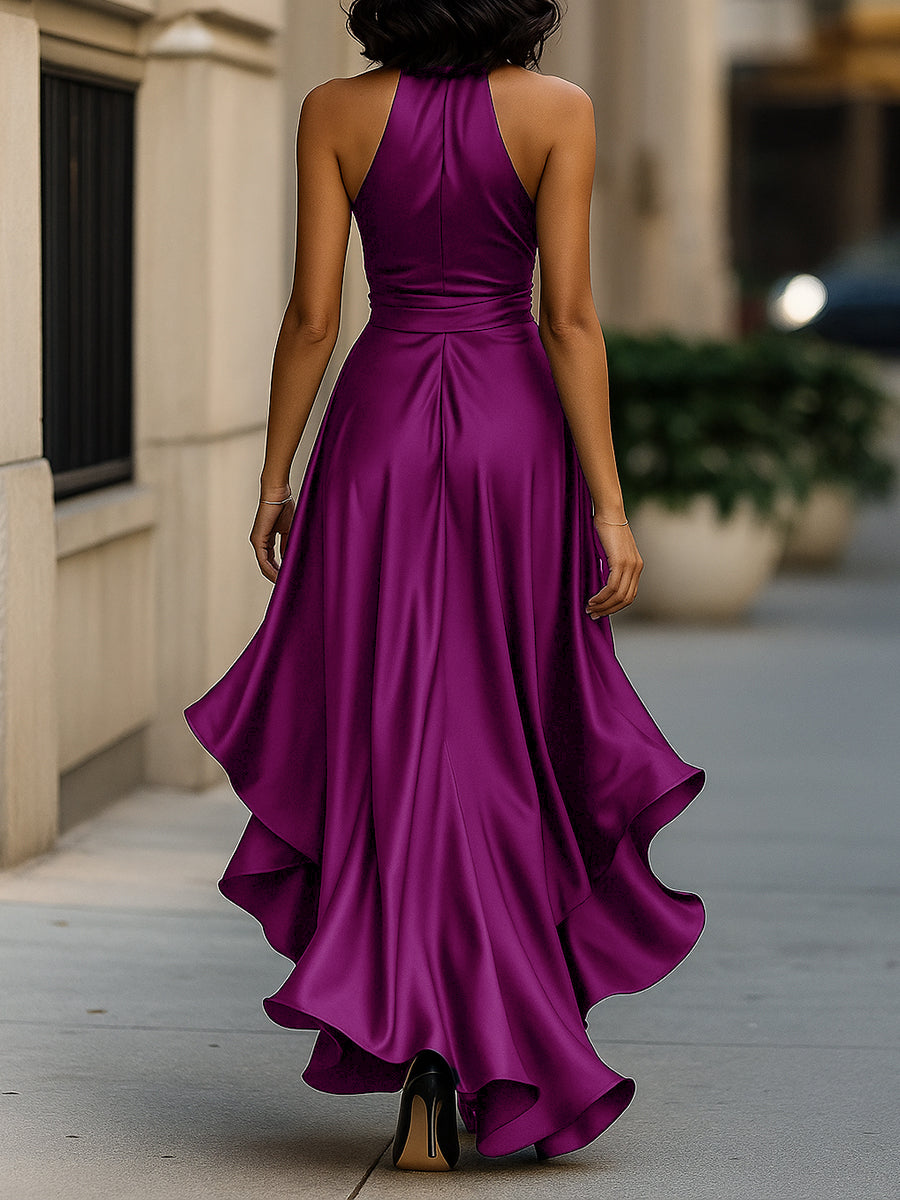 Violet & Grace - Midnight Elegance Satin Halter Ruffle Gown