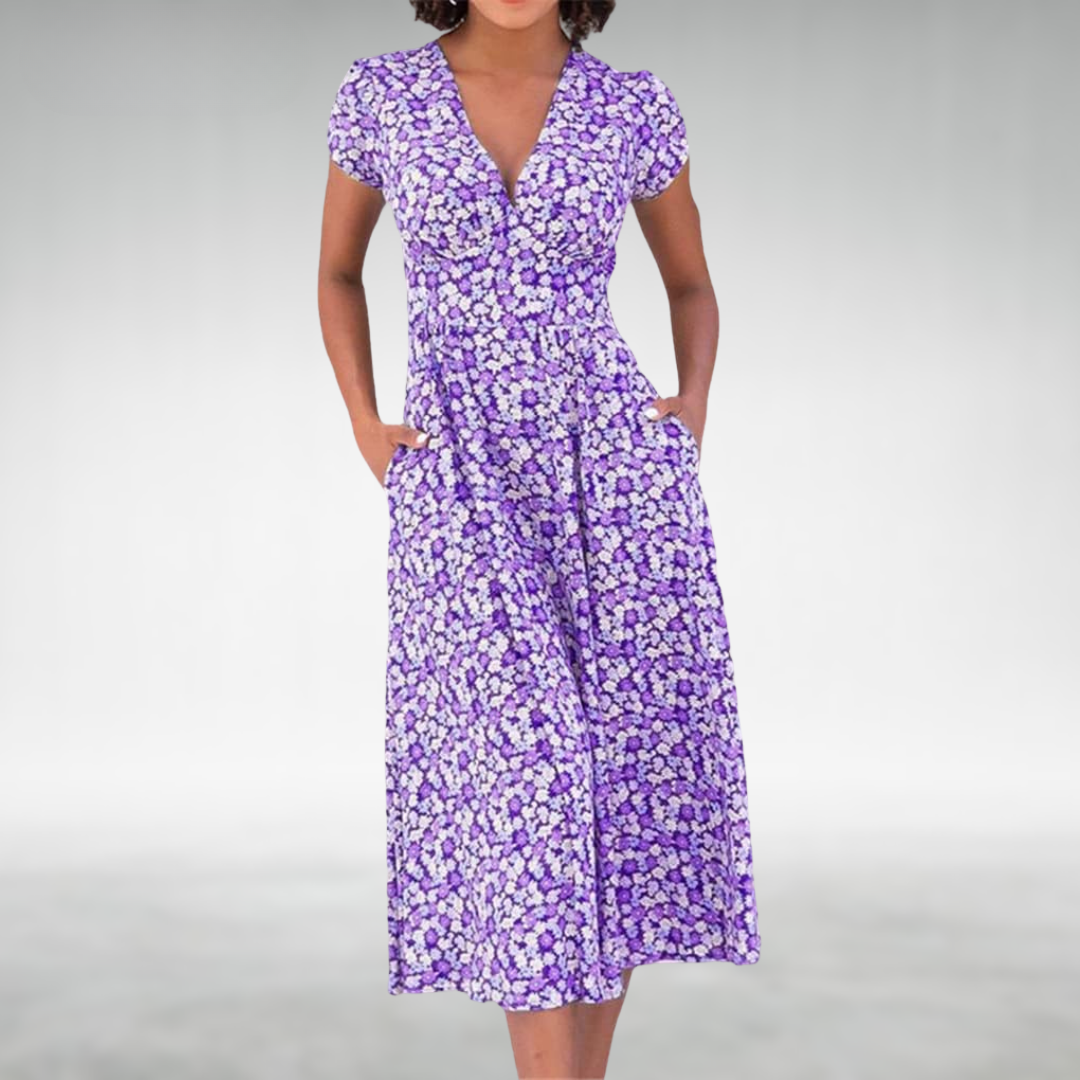 Women’s Floral V-Neck Pocket Midi Dress