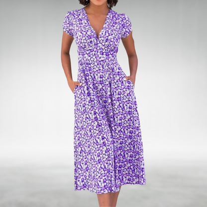 Women’s Floral V-Neck Pocket Midi Dress