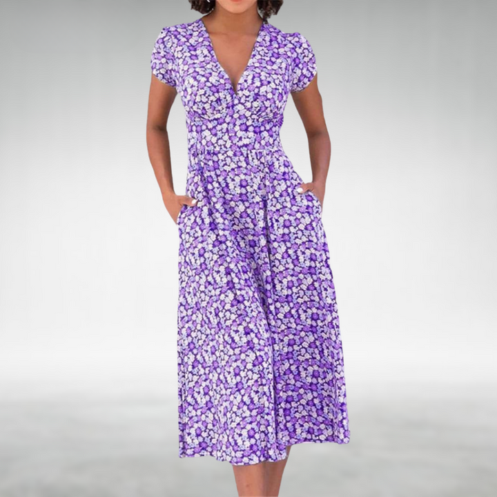 Women’s Floral V-Neck Pocket Midi Dress