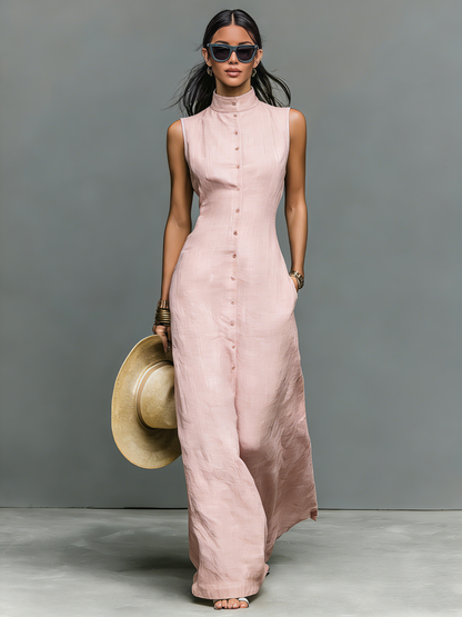 Women's Minimalist Linen-Blend Stand-Collar Single-Breasted Sleeveless Maxi Dress