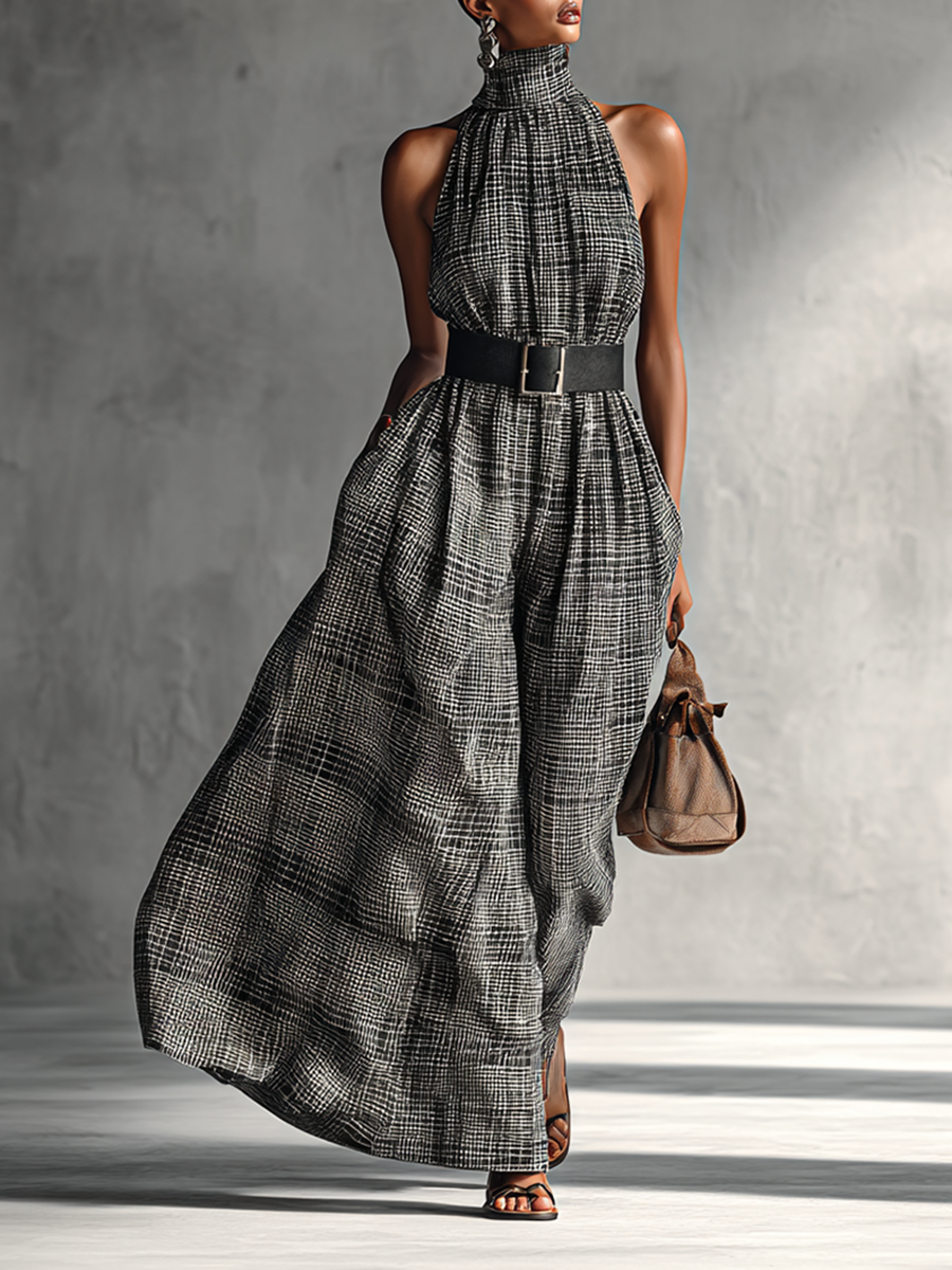 Women's Plaid High Collar Sleeveless Belted Maxi Dress