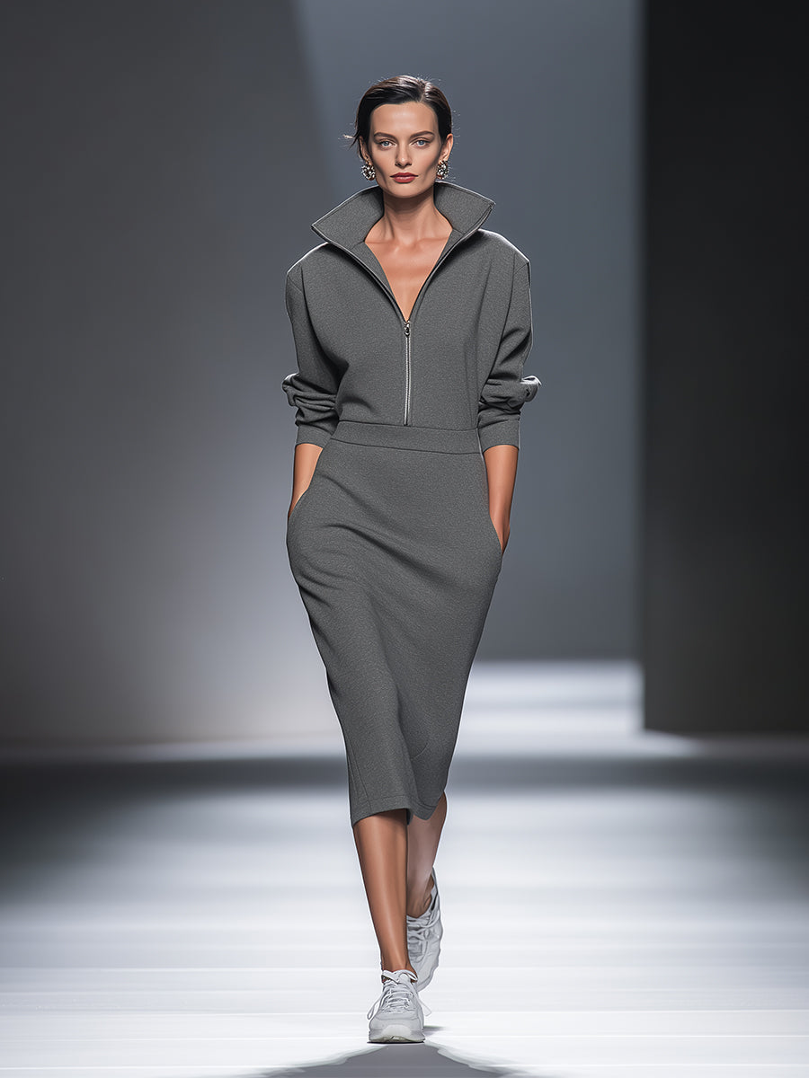 Women's Casual Cotton Polyester Half Zip Midi Dress