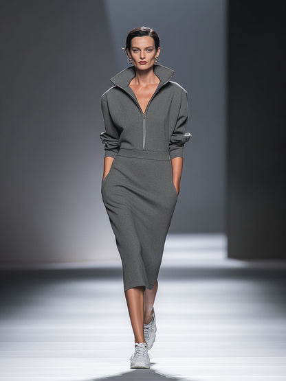 Women's Casual Cotton Polyester Half Zip Midi Dress