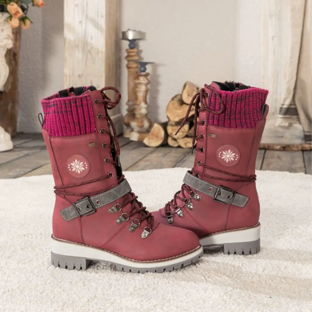Botas de nieve con cordones para mujer – Puño de punto y hebilla – Suela antideslizante