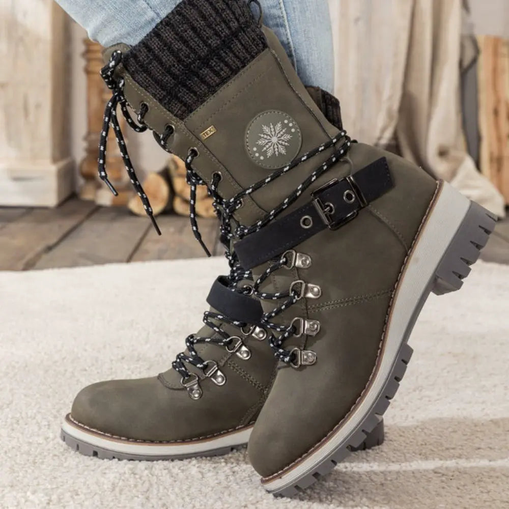 Botas de nieve con cordones para mujer – Puño de punto y hebilla – Suela antideslizante