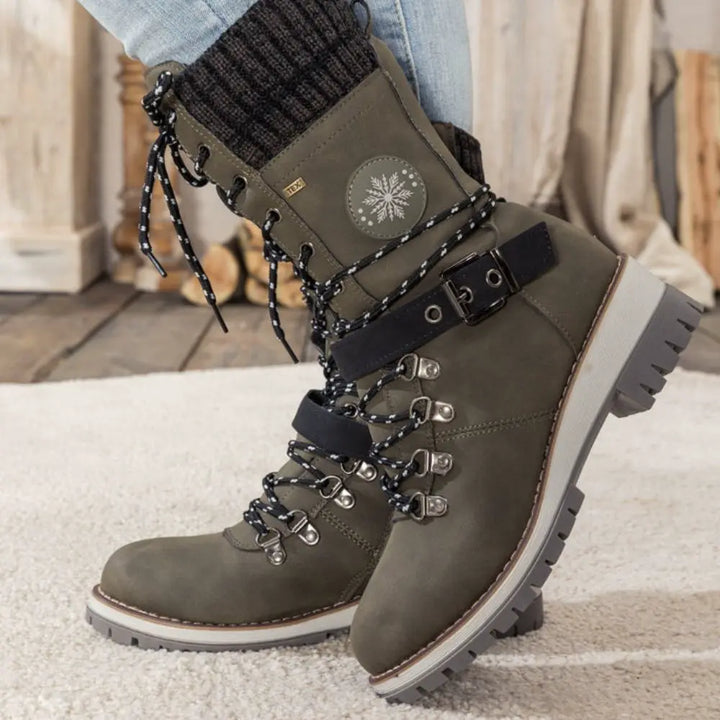 Botas de nieve con cordones para mujer – Puño de punto y hebilla – Suela antideslizante