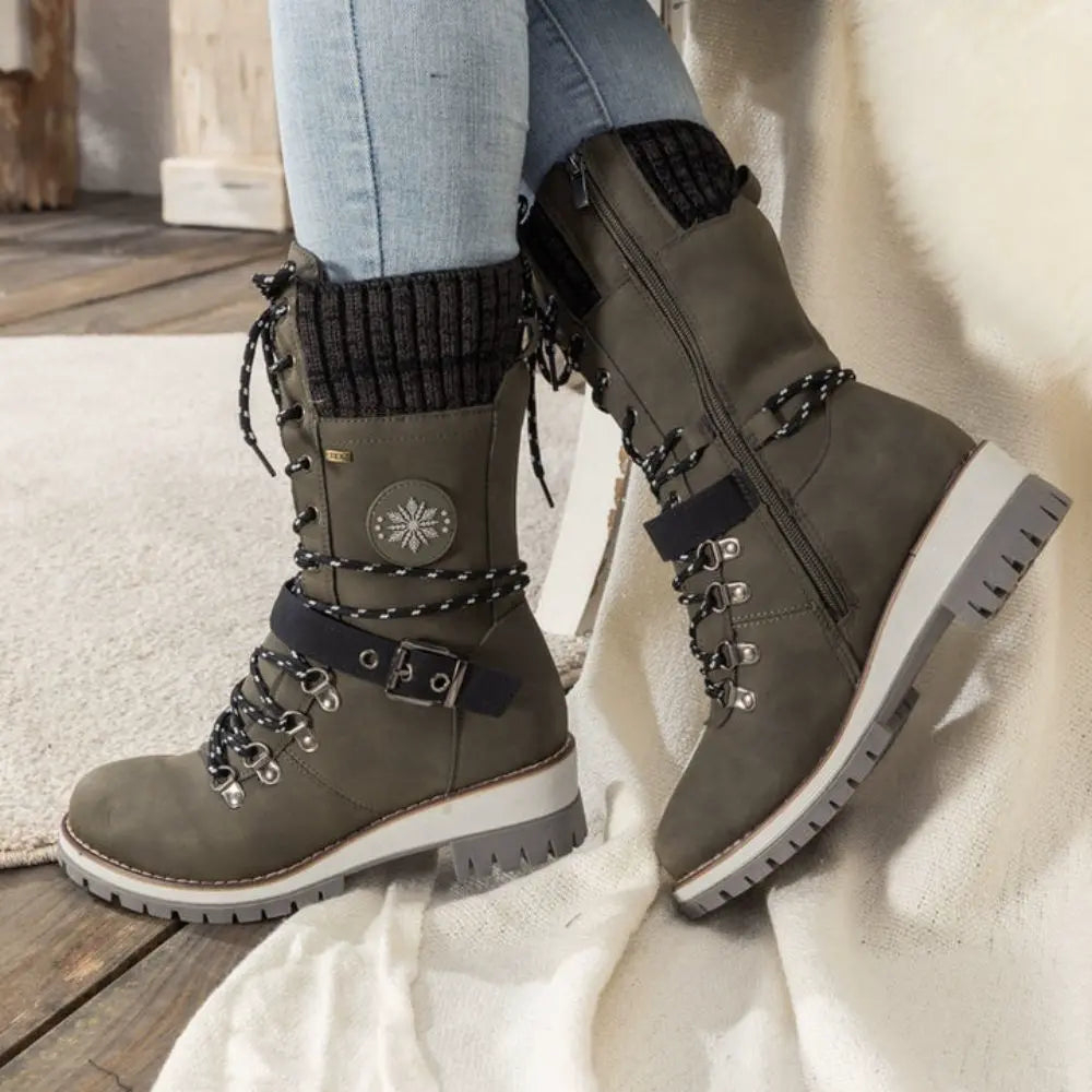 Botas de nieve con cordones para mujer – Puño de punto y hebilla – Suela antideslizante