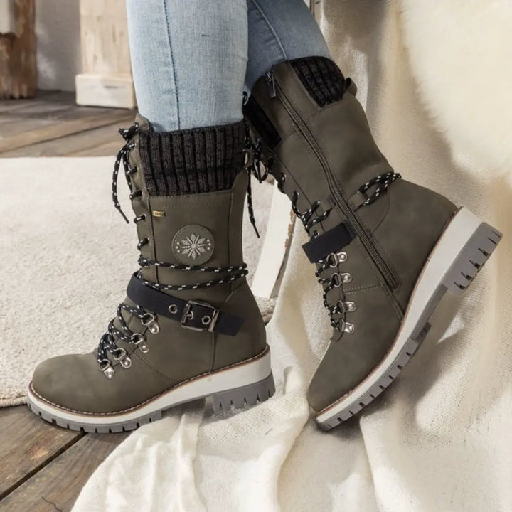 Botas de nieve con cordones para mujer – Puño de punto y hebilla – Suela antideslizante