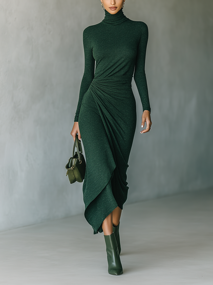 Women's Dark Green High-elastic Knitted High-neck Wrap Dress Midi Dress