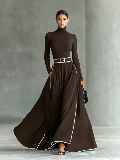 Women's Black Stitching White Trim High Collar Long Sleeve Tight Belt Maxi Dress