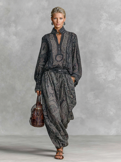 Women's Vintage Paisley Print Stand-up Collar Long Sleeve Shirt Trousers Two-piece Set