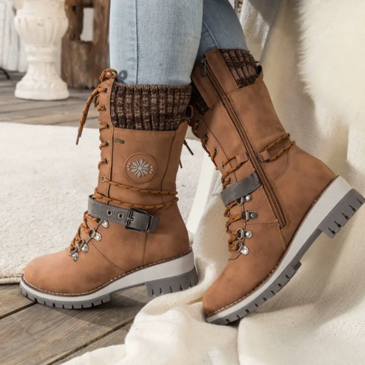 Botas de nieve con cordones para mujer – Puño de punto y hebilla – Suela antideslizante