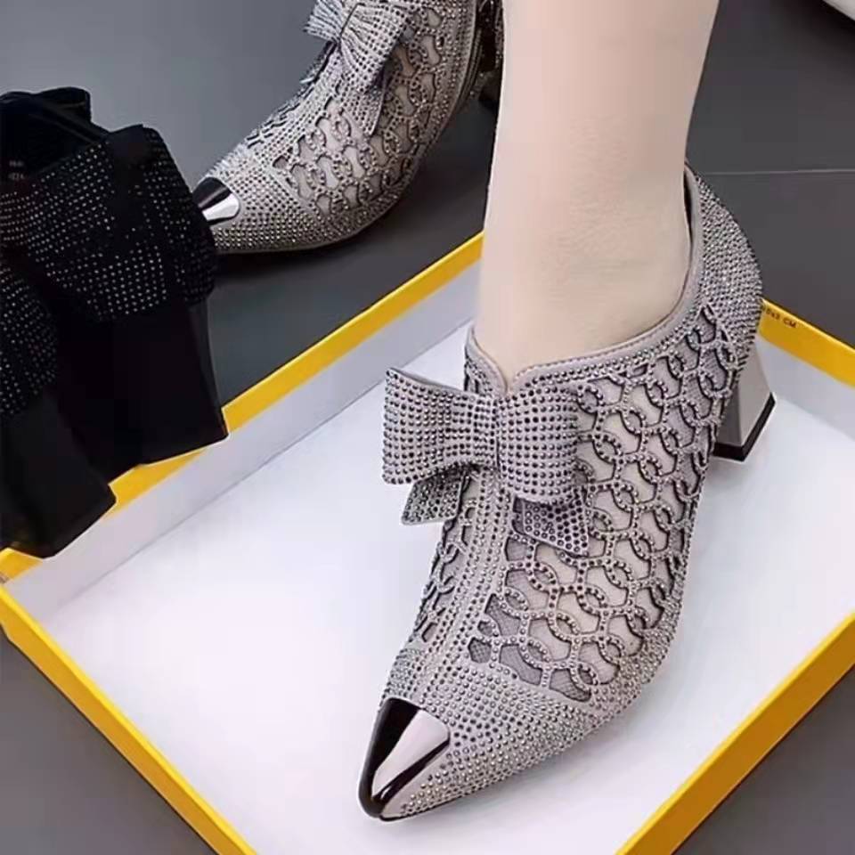 Summer Casual Rhinestone Hollow Chunky Heel Shoes and New Belt Buckle Solid Color Plus Size Women's Sandals