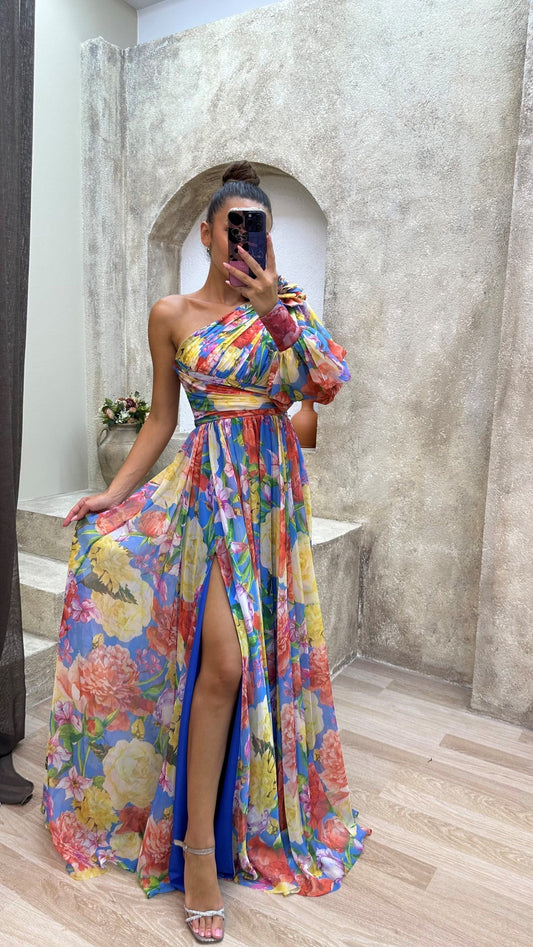 Women’s One Shoulder Floral Maxi Split Dress
